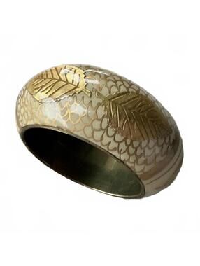 Vintage wide domed Bone Brass Bangle Bracelet w/ Gold Leaves made in India
